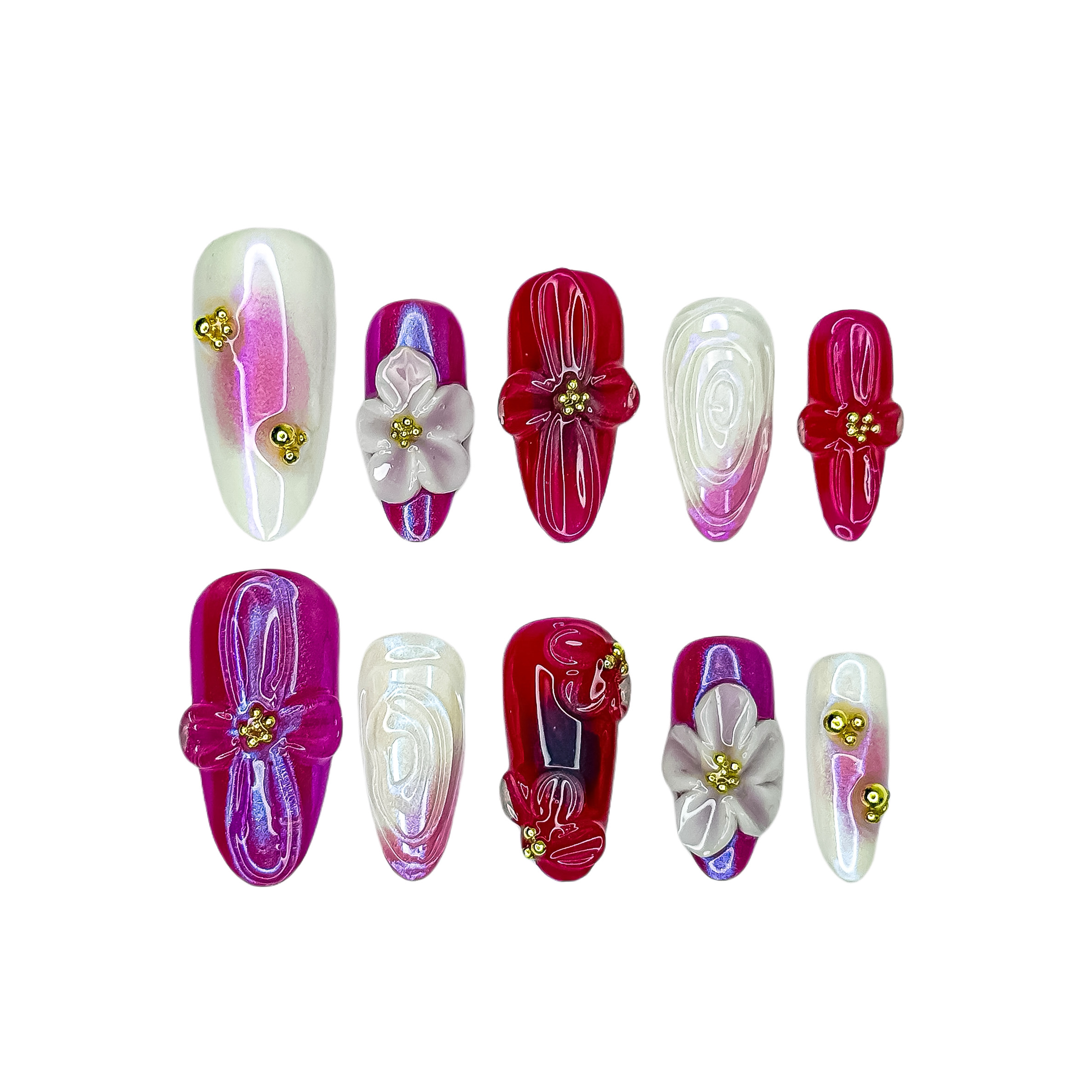 Handmade Press-On Nails – Nailfairy Adorable Gold Floral Elegance Design – Almond Shape, Custom-Made, Reusable with Free Application Kit Included